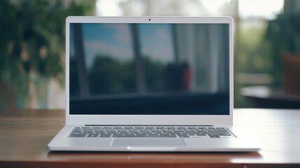 Fototapeta premium 3D Render of Blank White Laptop Almost Open with Fully Visible Keyboard and Screen