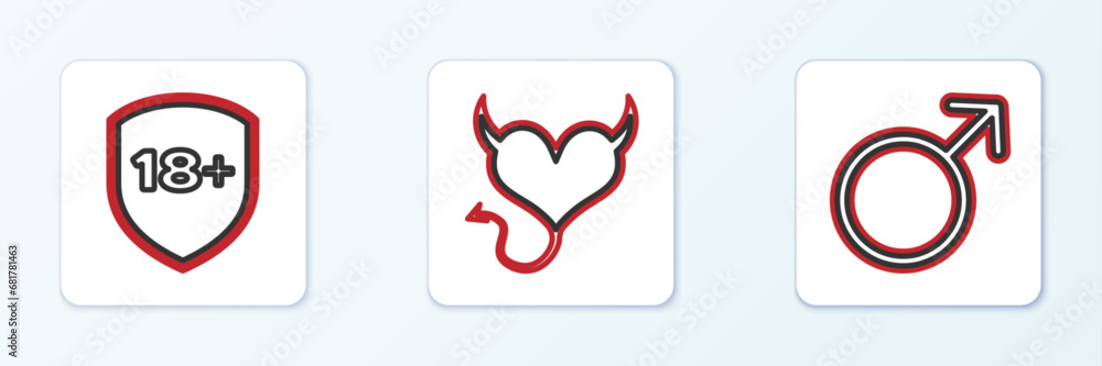 Sticker set line male gender symbol, shield with 18 plus and devil heart horns icon. vector