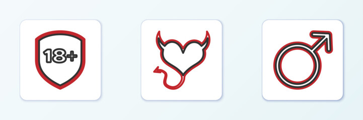 Set line Male gender symbol, Shield with 18 plus and Devil heart horns icon. Vector