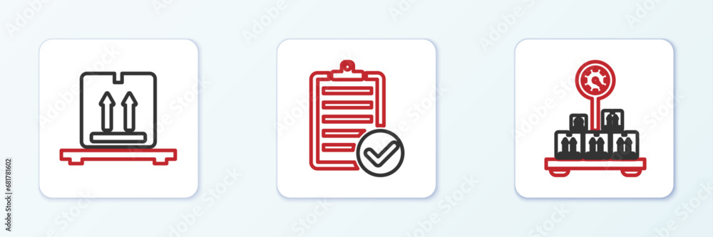 Poster set line scale with cardboard box, cardboard boxes on pallet and verification of delivery list icon.