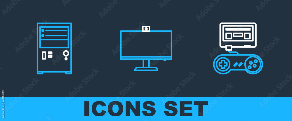 Poster set line game console with joystick, computer and monitor icon. vector