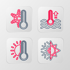 Set line Sun and snowflake, Thermometer with sun, Water thermometer and icon. Vector