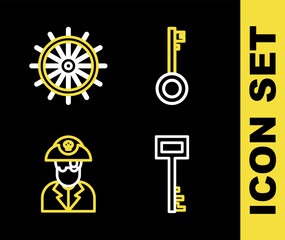 Set line Pirate key, captain and Ship steering wheel icon. Vector