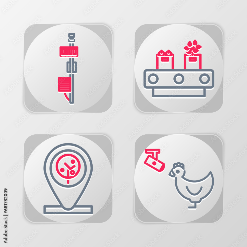 Poster set line chicken farm and camera, location tree, conveyor belt with box and standalone sensor icon. 