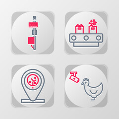 Set line Chicken farm and camera, Location tree, Conveyor belt with box and Standalone sensor icon. Vector