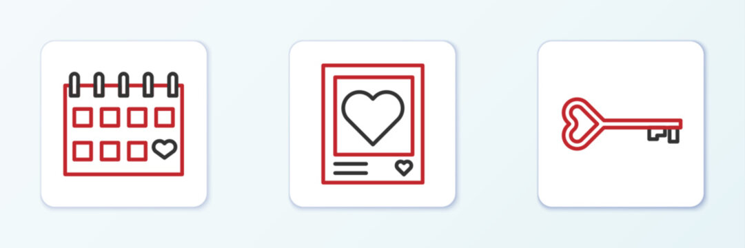 Set line Key in heart shape, Calendar with and Photo frames and hearts icon. Vector
