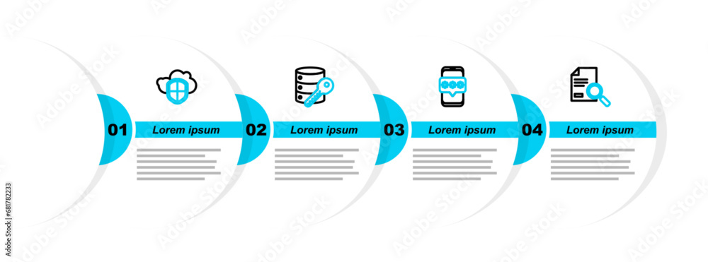 Poster set line document with search, mobile and password, server security key and cloud shield icon. vecto