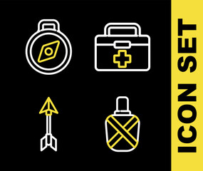 Set line First aid kit, Canteen water bottle, Hipster arrow and Compass icon. Vector