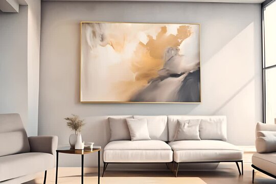 Modern minimalist living room with a large abstract golden and black wall art, white sofa, grey chairs, and a wooden floor.