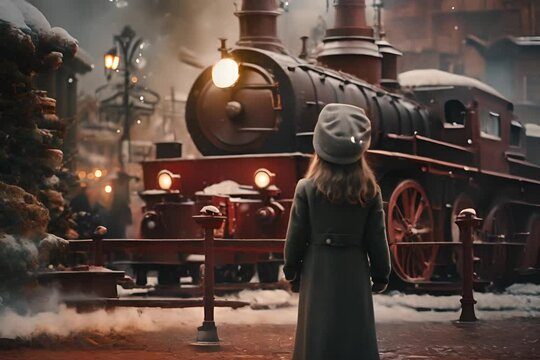 A child in a winter coat and hat stands facing a vintage red train in a snowy, festive holiday scene with warm lights.