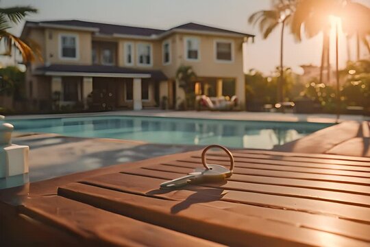 close-up view of a set of keys on a wooden surface, with an out-of-focus luxury house and a pool in the background, captured during the golden hour.