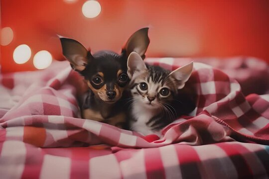 charming puppy and kitten peeking out of a red and white checkered blanket with a bokeh light background, exuding cuteness and comfort.