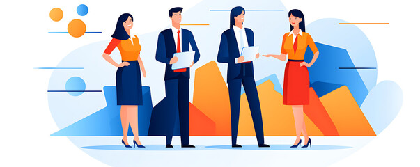 Naklejka premium Group of Coworkers, Business People In An Office, Blue Orange & White, Flat Icon Modern Vector Style