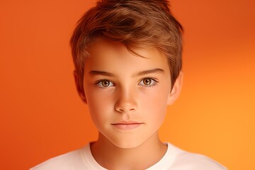 Portrait of a boy on a orange background. Close-up. - obrazy, fototapety, plakaty