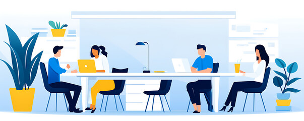 Group of Coworkers, Business People In An Office, Blue Yellow & White, Flat Icon Modern Vector Style