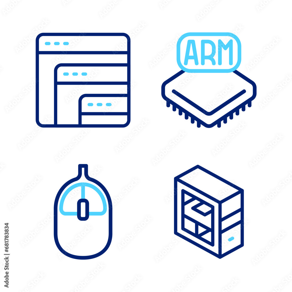 Poster set line computer, mouse, processor and software icon. vector