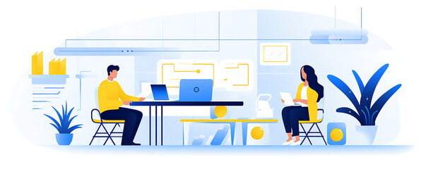 Group of Coworkers, Business People In An Office, Blue Yellow & White, Flat Icon Modern Vector Style