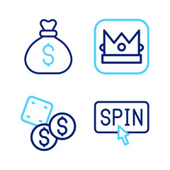 Set line Winner holding prize ticket, Game dice, King playing card and Money bag icon. Vector
