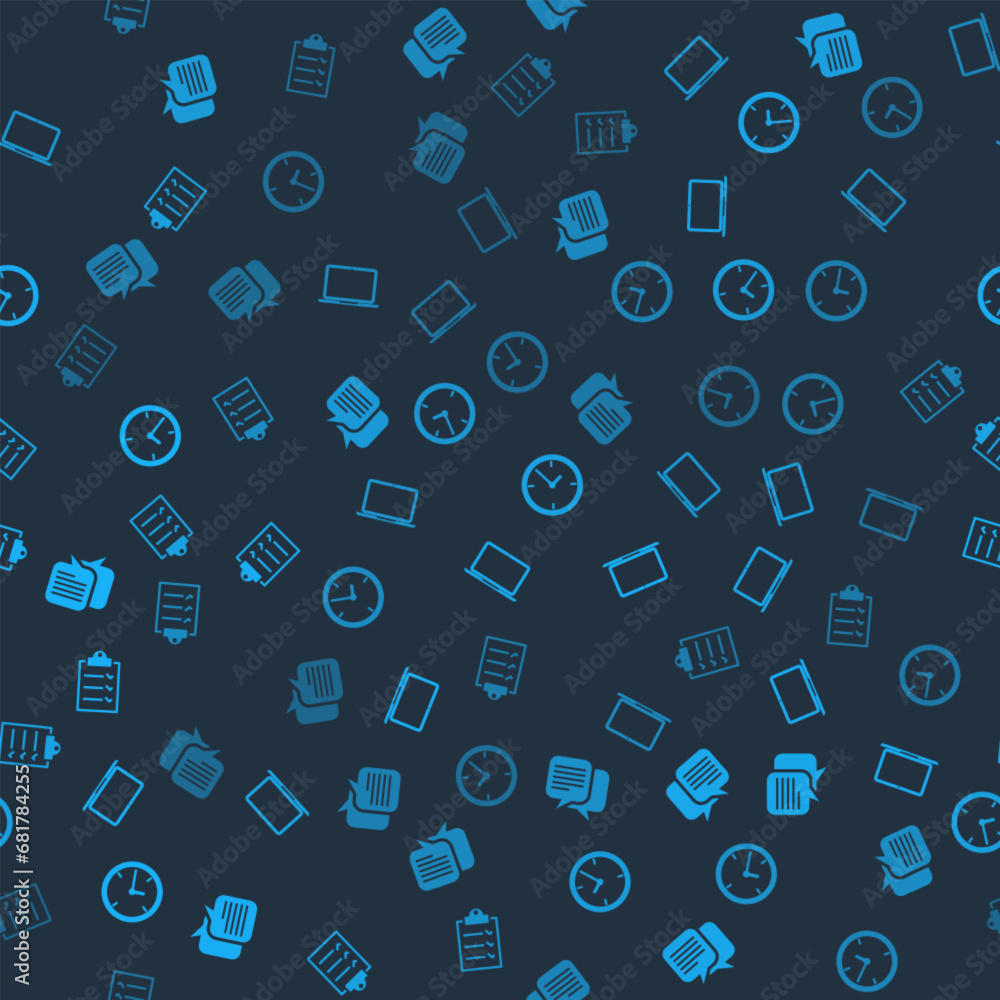 Poster set chat, laptop, clock and clipboard with checklist on seamless pattern. vector