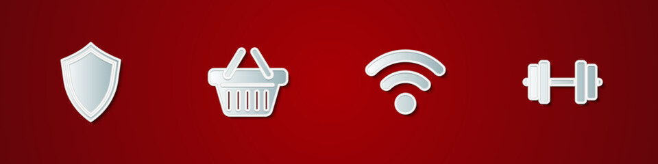 Set Shield, Shopping basket, Wi-Fi wireless network and Dumbbell icon. Vector