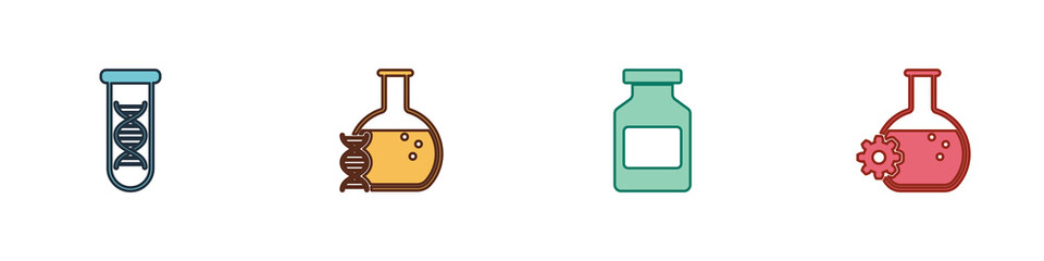 Set DNA research, search, , Medicine bottle and Bioengineering icon. Vector
