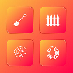 Set Garden shovel, fence, Tree and hose or fire hose icon. Vector