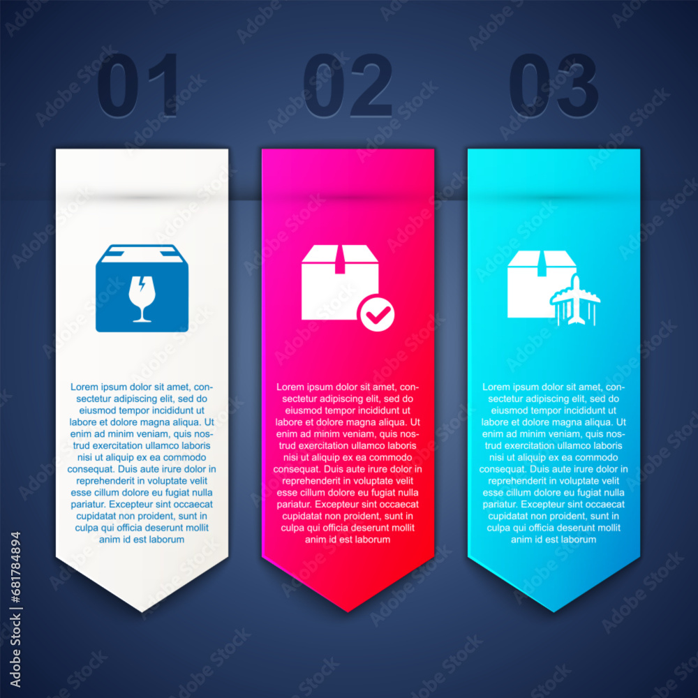 Poster set delivery box with fragile content, package check mark and plane and cardboard. business infograp