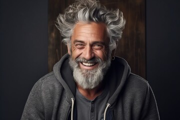 Portrait of a senior man with grey hair and beard wearing hoodie.