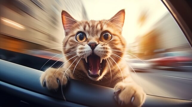 Cat takes the lead in a charming front-view image of it driving a car