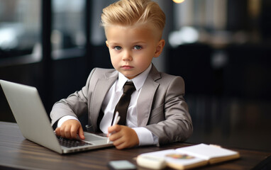 A 5yo baby boy in a suit is sitting on a desk in an office working busily. Business vibe