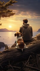 Man and beagle relax on a log with the sea in view