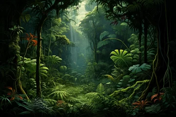 Fotobehang Primeval Green prehistoric jungle. Tropical nature. Generate Ai © juliars