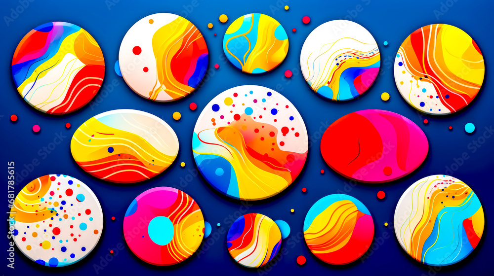 Poster bunch of colorful buttons sitting on top of blue surface with confetti around them.