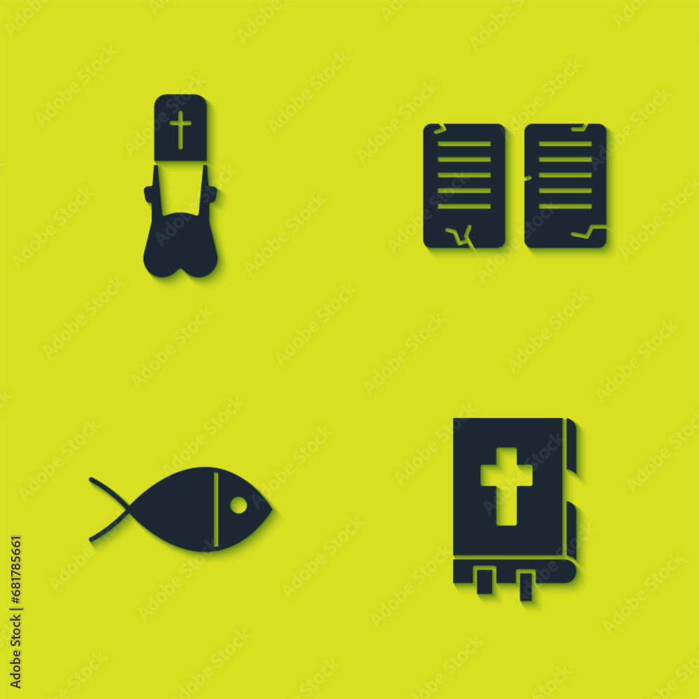 Sticker Set Priest, Holy bible book, Christian fish and The commandments icon. Vector