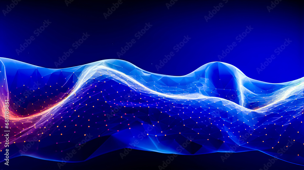 Poster computer generated image of wave on dark blue background with gold dots.