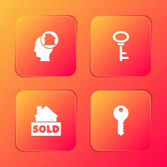 Set Man dreaming about buying house, House key, Hanging sign with text Sold and icon. Vector