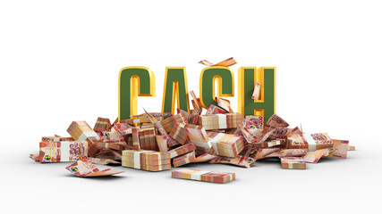 Ghanaian cedi notes spread around 3D cash text. 3d text surrounded with pile of bank notes.3d rendering