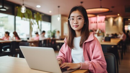 Working on a laptop at a café table, an Asian girl in pink clothing looks into the camera.