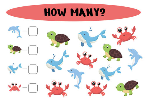 Counting game for kids. How many marine animals? Educational game for children, kids preschool age. Mathematics task. Learning mathematics, numbers.