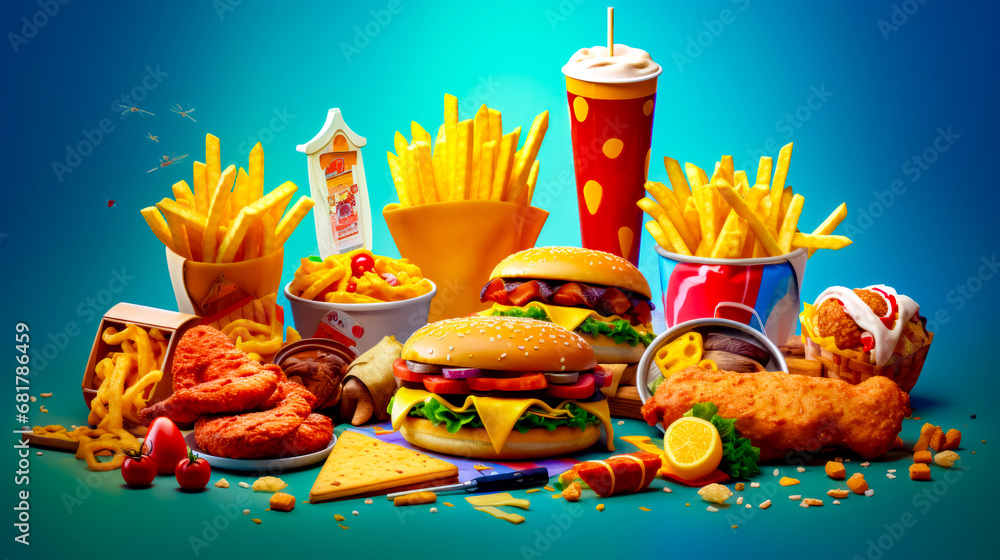 Poster table topped with lots of different types of foods and condiments.