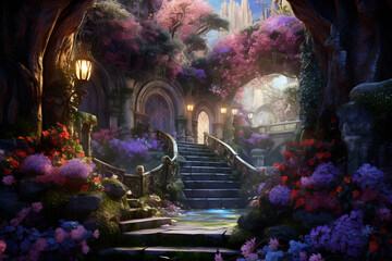 Beautiful fantasy landscape with flowers and stairs, 3d illustration, AI Generated