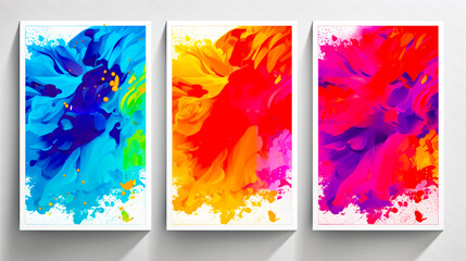 Set of three colorful posters with the words holi holi on them.