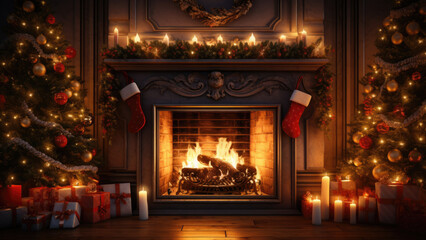 Fototapeta na wymiar Photorealistic fireplace with a lit fire decorated with Christmas decorations on New Year's Eve.