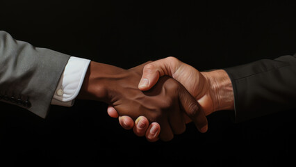 Photorealism of a white man shaking hands with a black man as a sign of equality for all people.