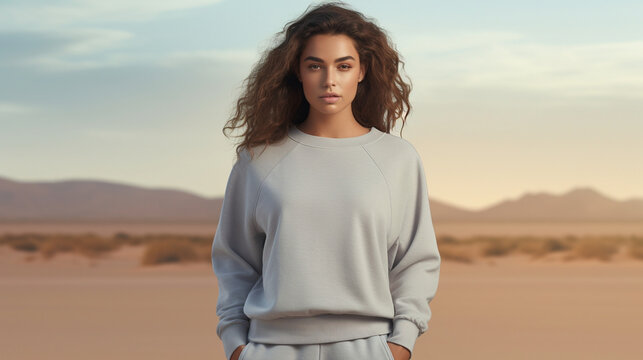 A woman wearing gray sweatpants and a sweater in the desert