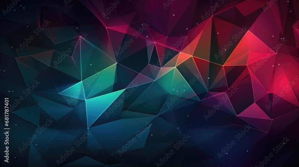 Poster futuristic screensaver for pc made of colored polygons, lines and dots. ai generative.