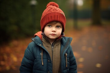 Portrait of a cute little boy in a warm hat and jacket.
