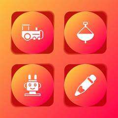 Set Toy train, Whirligig toy, Robot and Pencil with eraser icon. Vector