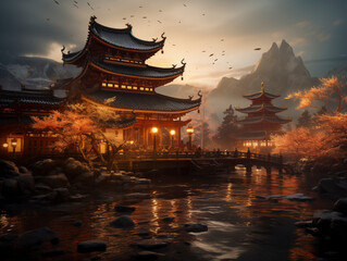 Traditional Chinese temple illuminated by a golden sunset