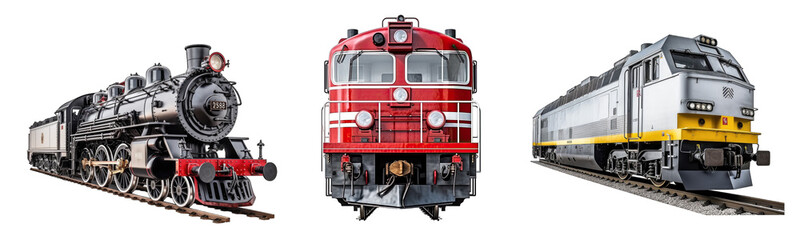 Collection of locomotives on a white or transparent background generative ai